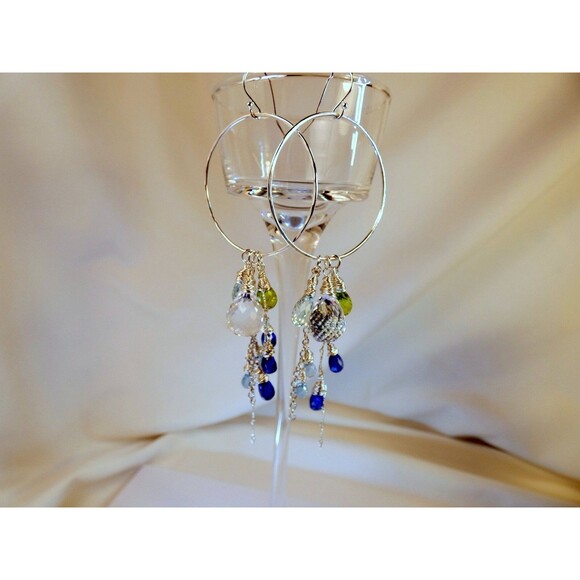 Kyanite Rock Quartz Peridot  Aquamarine-Sterling Silver Earrings  "New Rain" - Picture 6 of 7